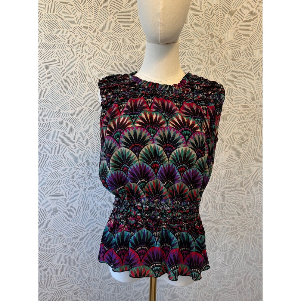 Emporio Armani Silk Smocked Peplum Blouse Art Deco Fan Print Purple Sleeveless